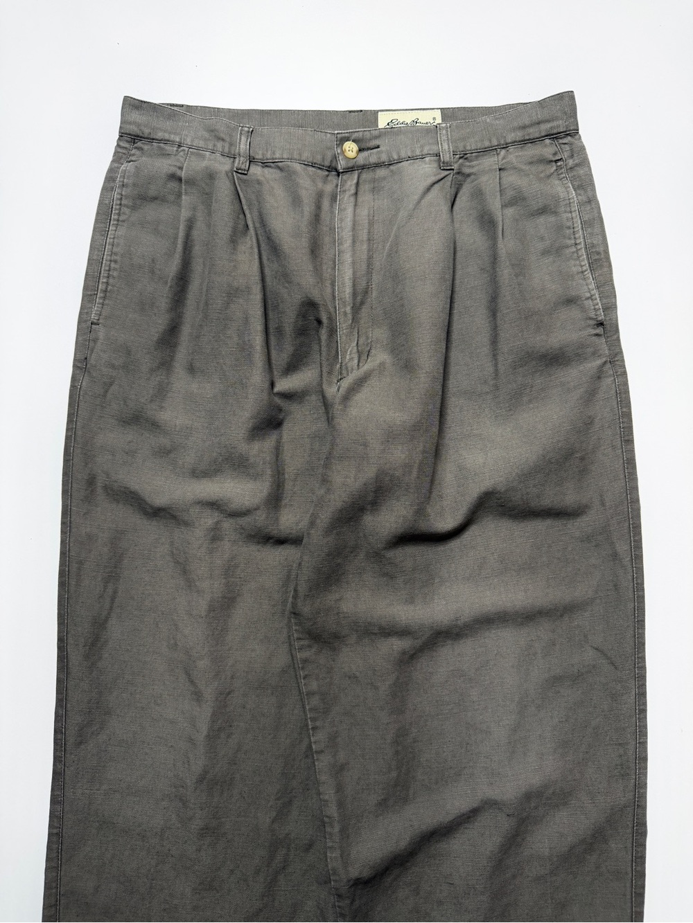 Vintage Eddie Bauer Linen Pleated Chinos Trousers Pants Mens W33 Light Olive 90s - Picture 3 of 7